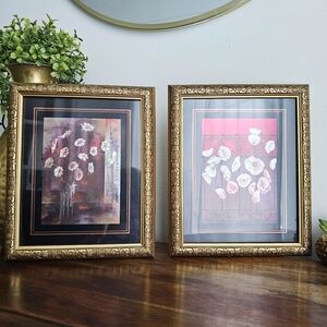 Pair of Framed Floral Bouquet Prints • VTG Impressionist Art • Gold Ornate Frame